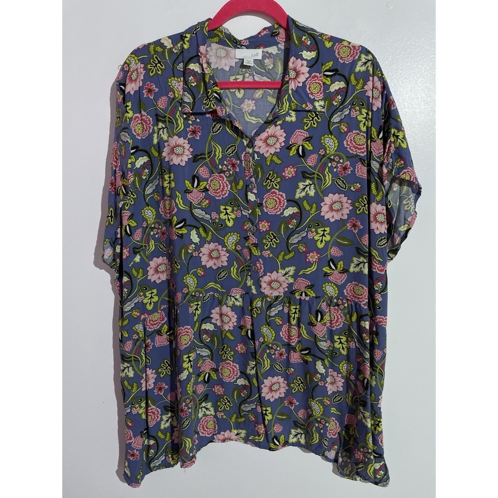J Jill Top 2X Blue Floral Tropical Relaxed Peplum Casual Brunch Vacation
